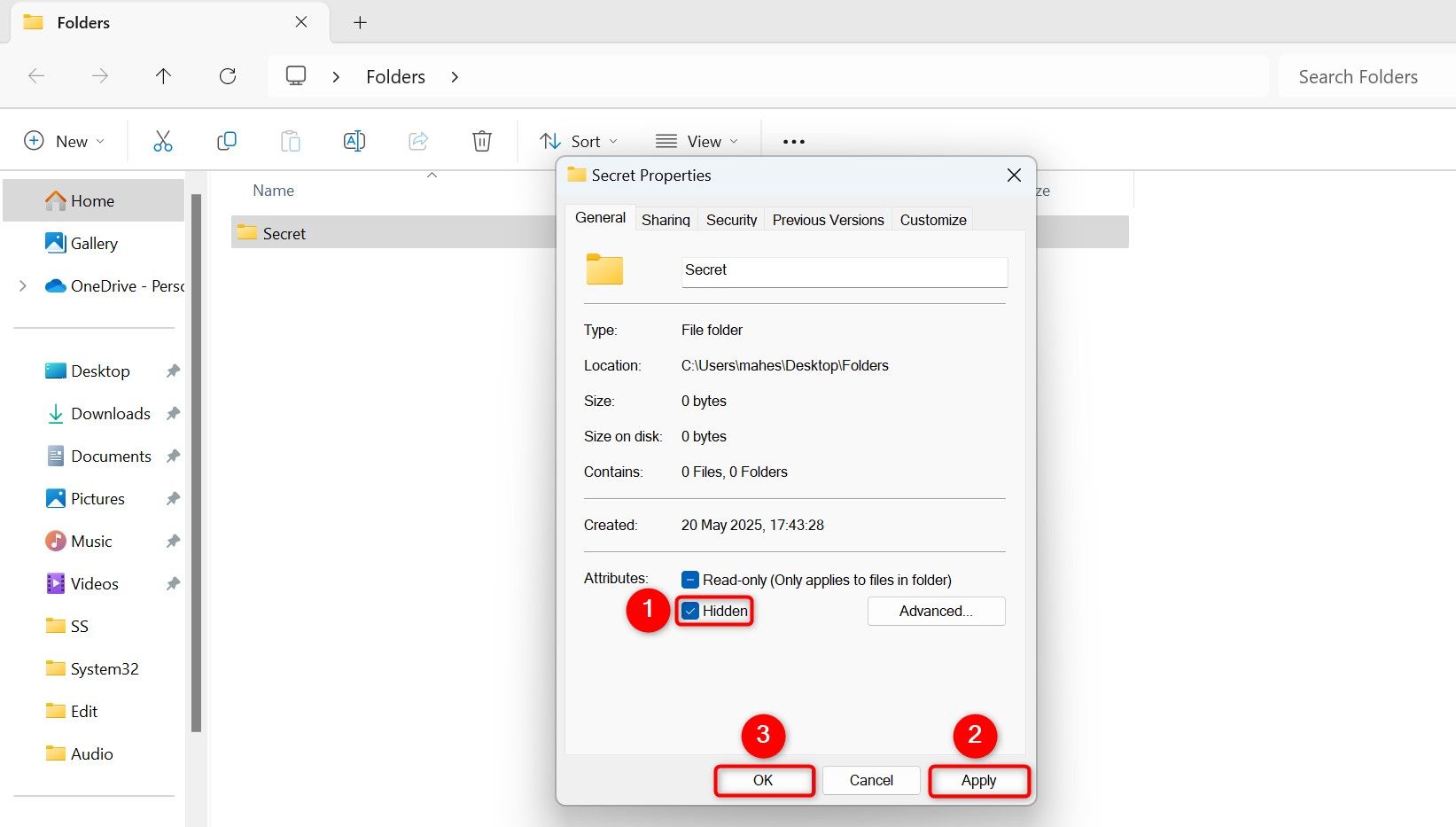 "Hidden," "Apply," and "OK" highlighted on a folder's "Properties" window.