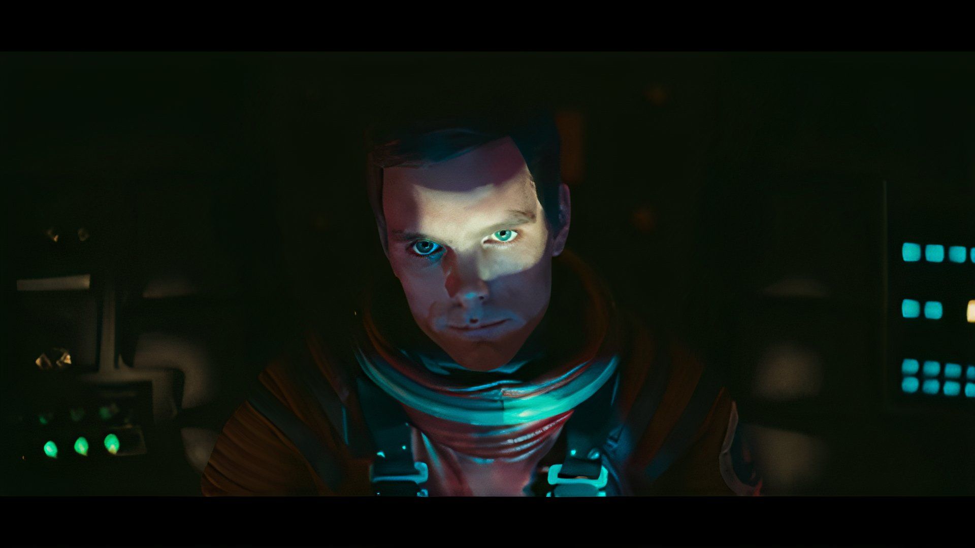 A close-up of Keir Dullea inside the space shuttle from the film 2001: A Space Odyssey.