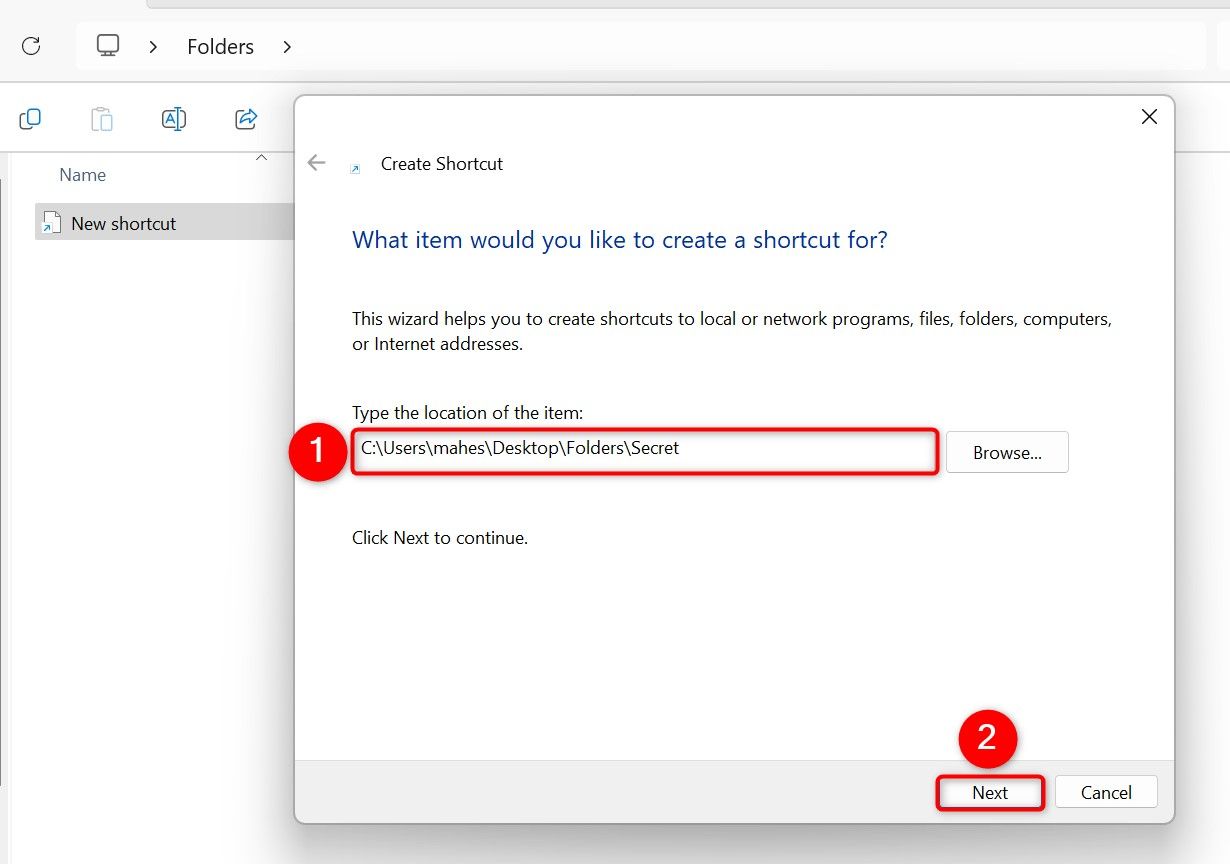 "Type the Location of the Item" and "Next" highlighted on the "Create Shortcut" window.