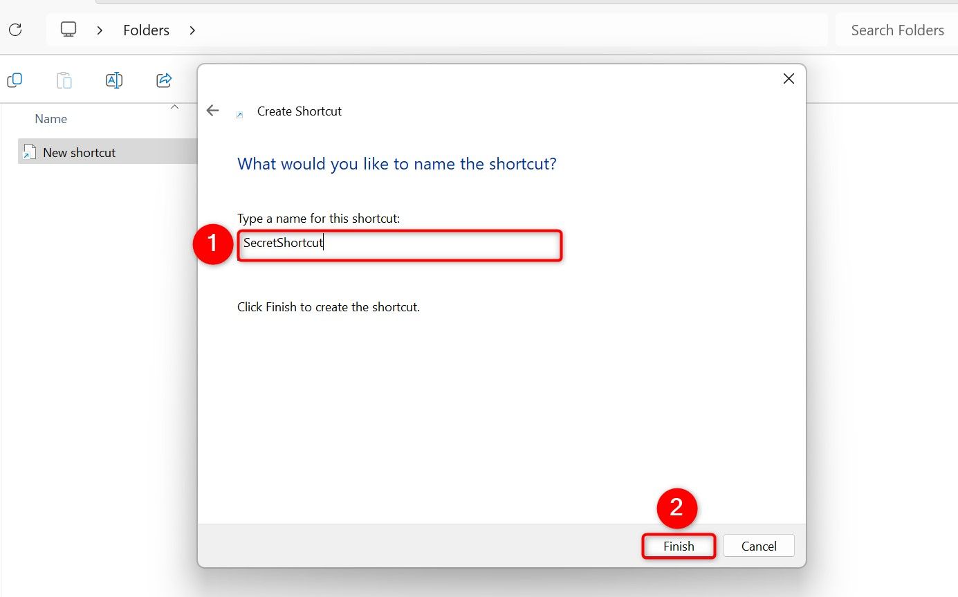 "Type a Name For This Shortcut" and "Finish" highlighted on the "Create Shortcut" window.
