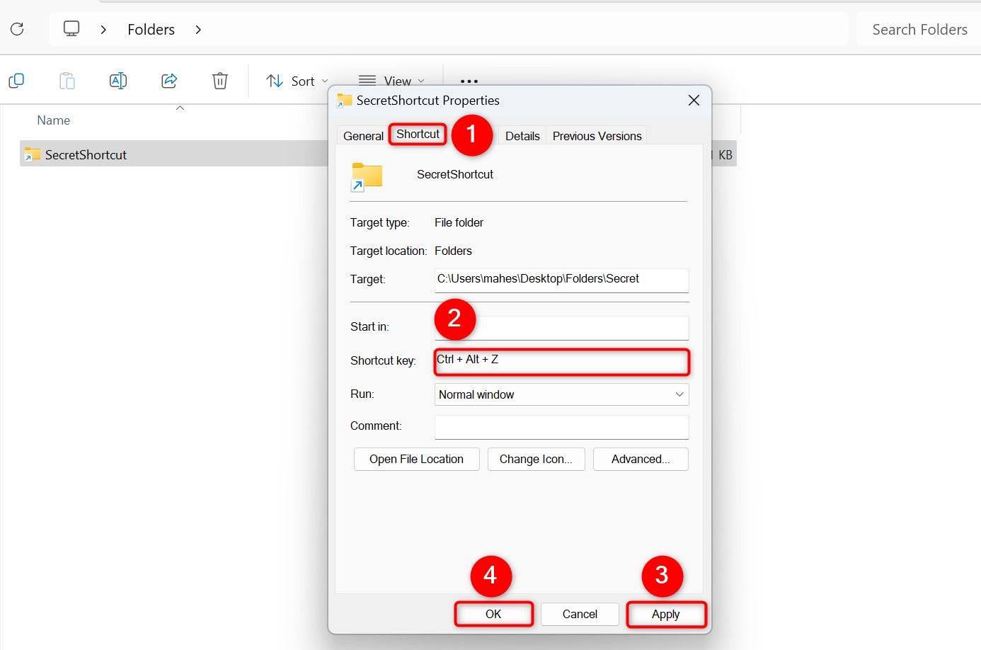 Various options highlighted on a folder shortcut's "Properties" window.