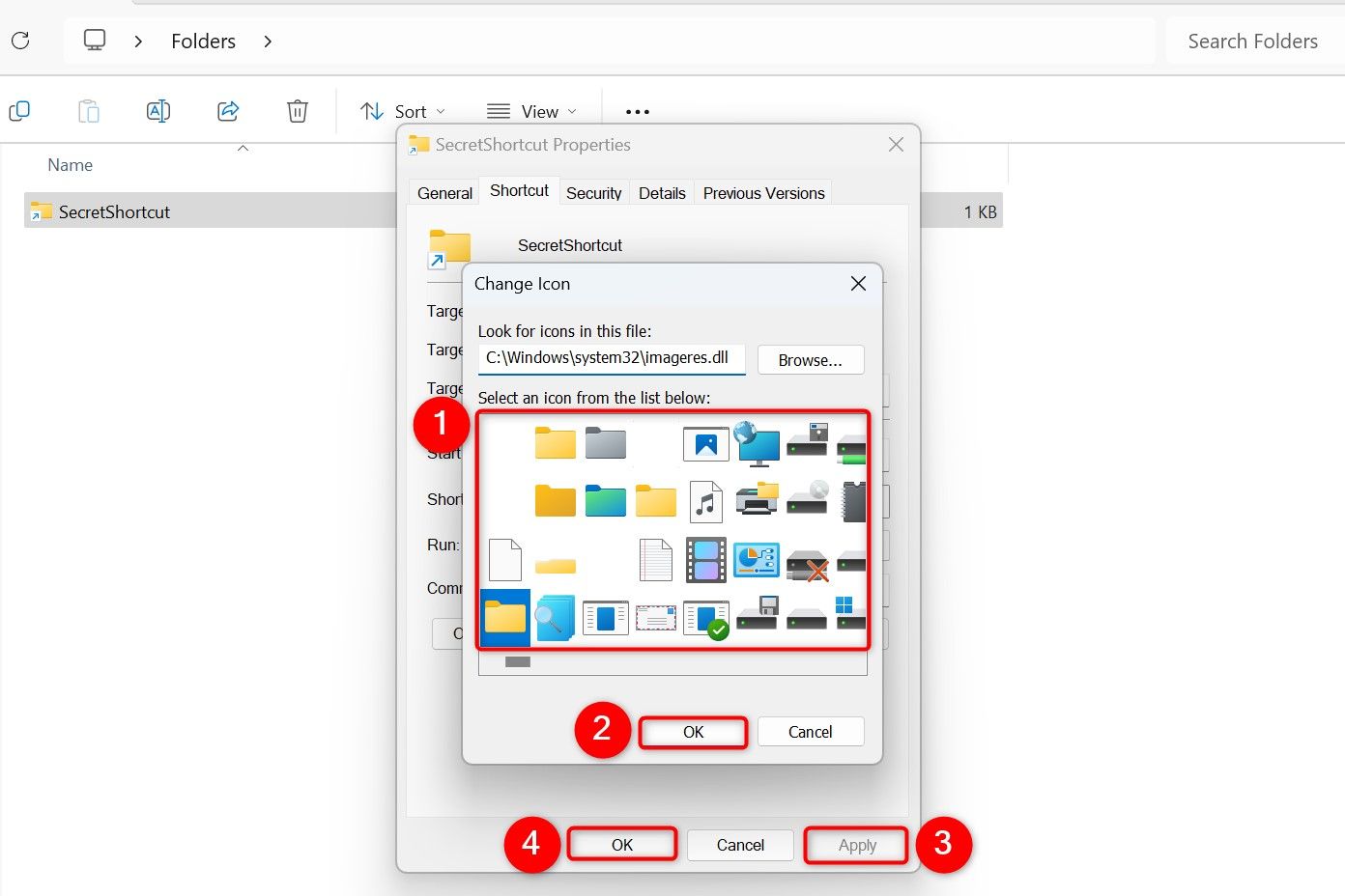 Various options highlighted to change a folder shortcut's icon.