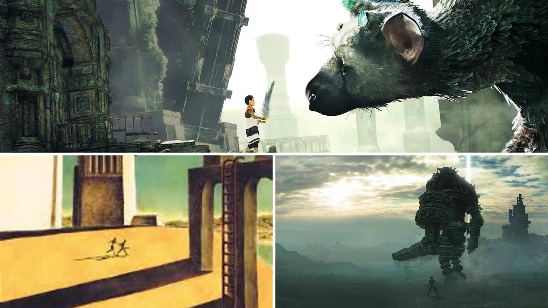 Ребёнок смотрит на большое существо из The Last Guardian, поверх игрока, атакующего колосса в Shadow of the Colossus, рядом двое бегут в ICO.