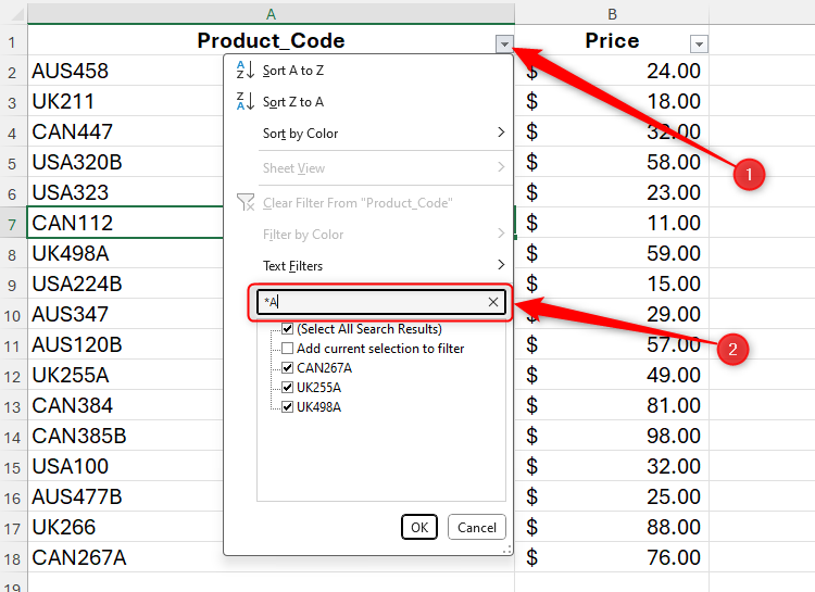 A filter search in Microsoft Excel that includes the asterisk wildcard to return only values ending in the letter A.