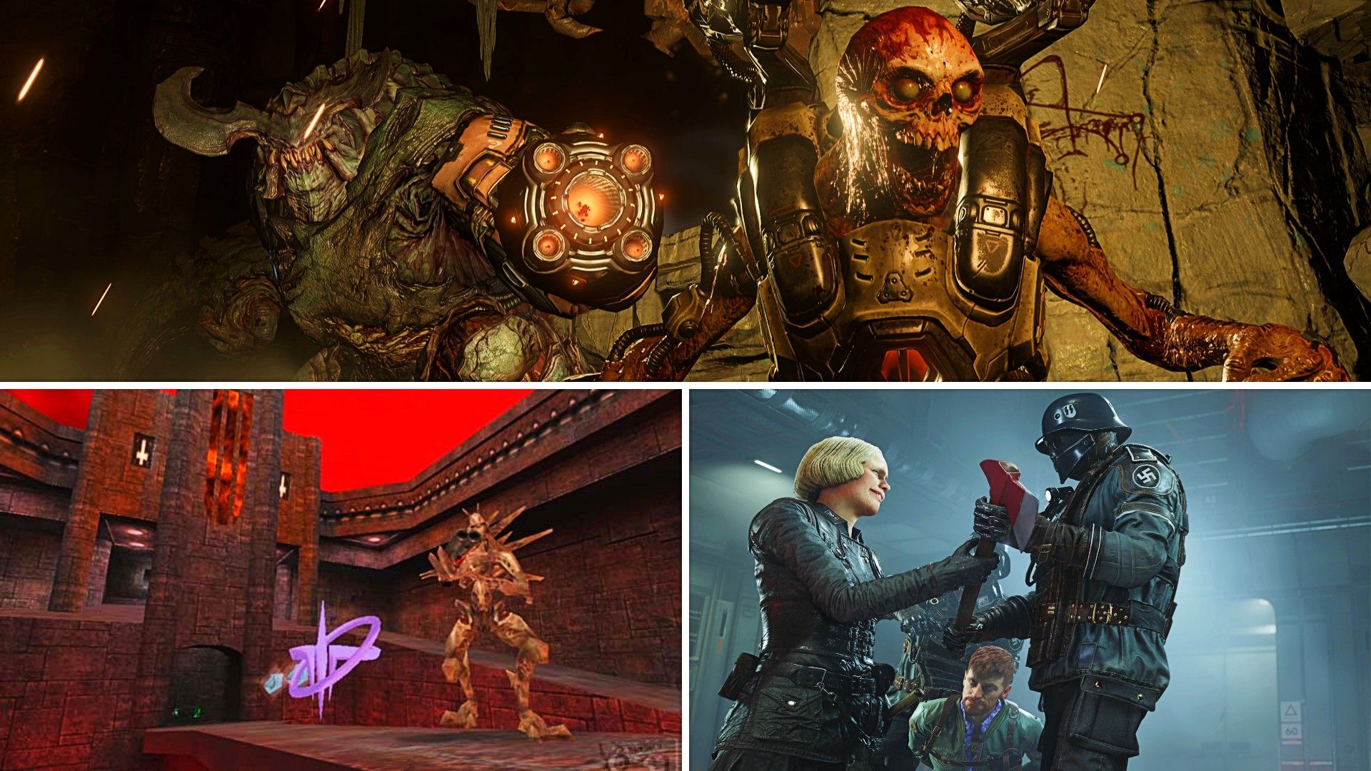 Монстр из Doom рядом с врагом из Quake 3 Arena и персонаж, забирающий топор у нациста из Wolfenstein 2.