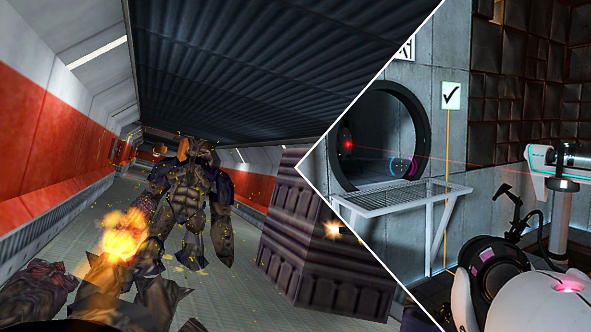 Монстр из Half-Life стреляет в игрока рядом с игроком, решающим головоломку в Portal.