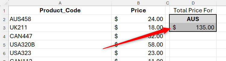 A SUMIF formula with a cell reference concatenated with a wildcard in Excel to return the total price of all product codes starting with 'AUS.'