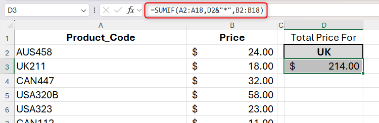 A SUMIF formula with a cell reference concatenated with a wildcard in Excel to return the total price of all product codes starting with 'UK.'