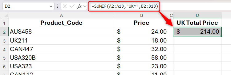 A SUMIF formula with wildcards in Excel to return the total price of all product codes starting with 'UK.'
