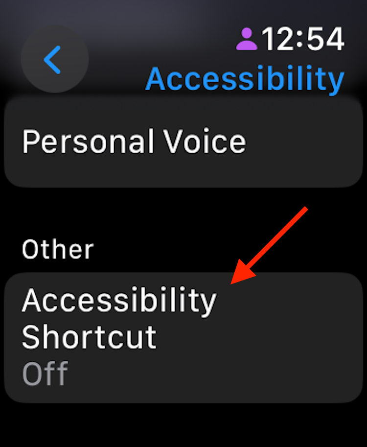Accessibility Shortcut in Apple Watch settings.