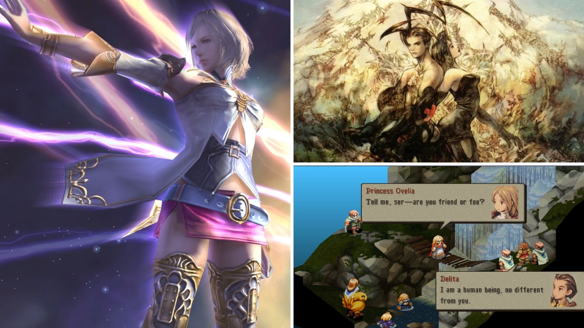 Аше из Final Fantasy XII выпускает молнию рядом с принцессой и Делитой из Final Fantasy Tactics, под ними герои Vagrant Story.