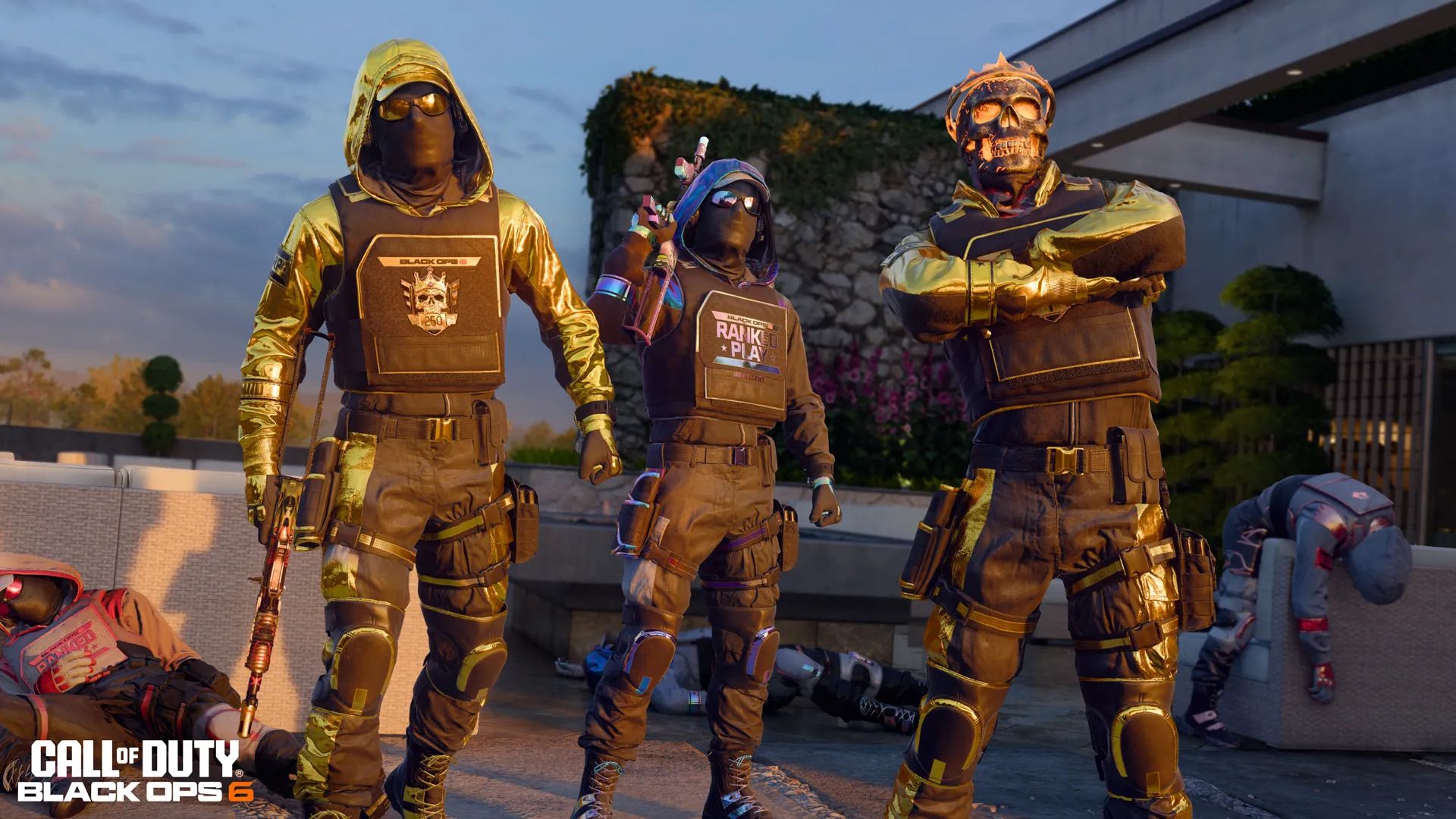 Operadores posando em peles de jogo classificadas no Black Ops 6.