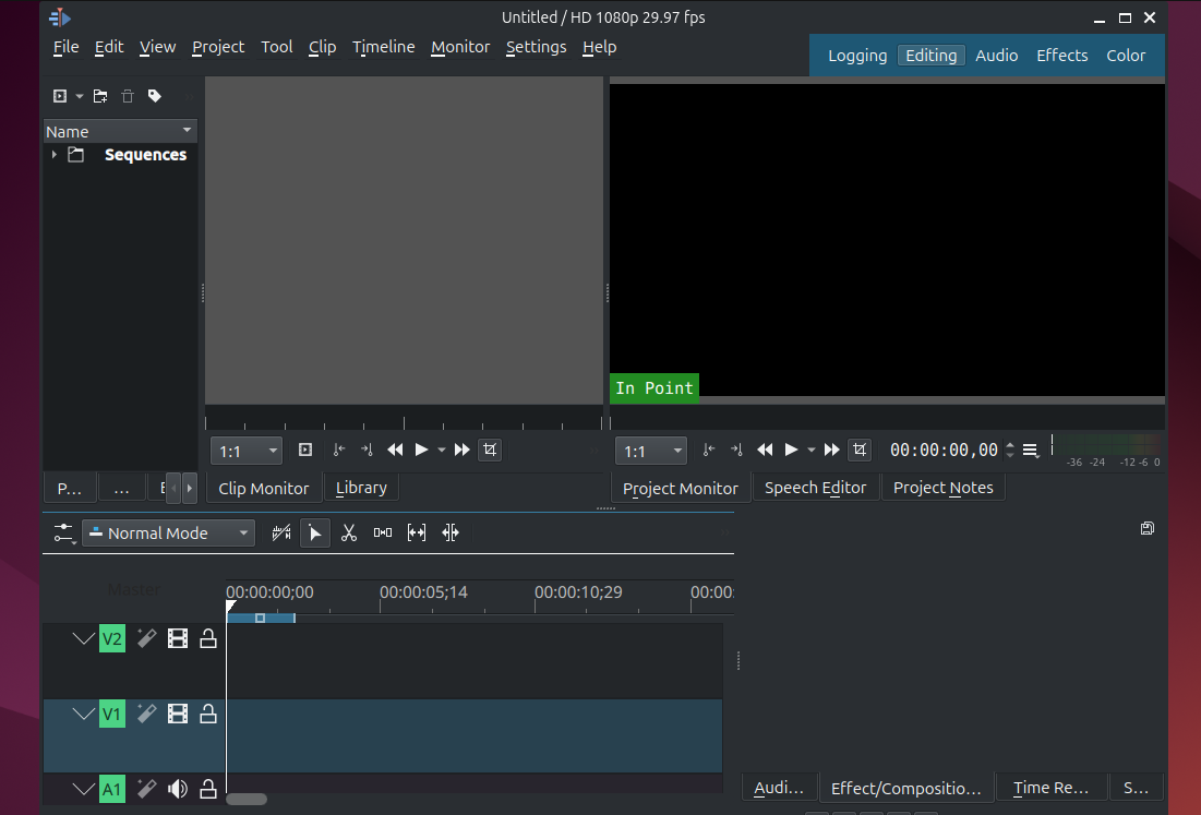 Displaying Kdenlive main interface window on Ubuntu.