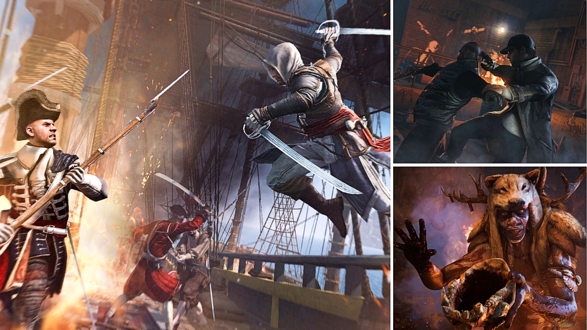 Эдвард Кенуэй нападает на тамплиера в Assassin's Creed IV: Black Flag рядом с Эйденом Пирсом, который атакует охранника в Watch Dogs, и шаман показывающий череп в Far Cry Primal.