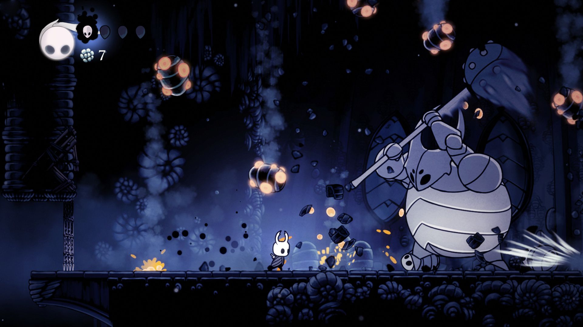 A small bug-like creature stands before a huge, plated boss that holds a large spiked weapon above its head.