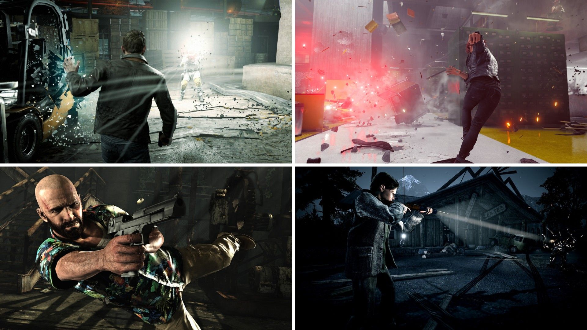 Джек Джойс из Quantum Break разбивает окно, рядом Джесси Фейден из Control бежит к взрыву, сверху Алан Уэйк целится сбоку, рядом Макс Пэйн ныряет и целится.