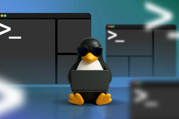 Linux mascot using a laptop with some multiplexer terminals around it.