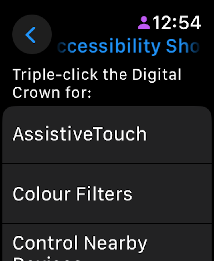 List of Accessibilty options in the Accessibility Shortcuts settings on Apple Watch.