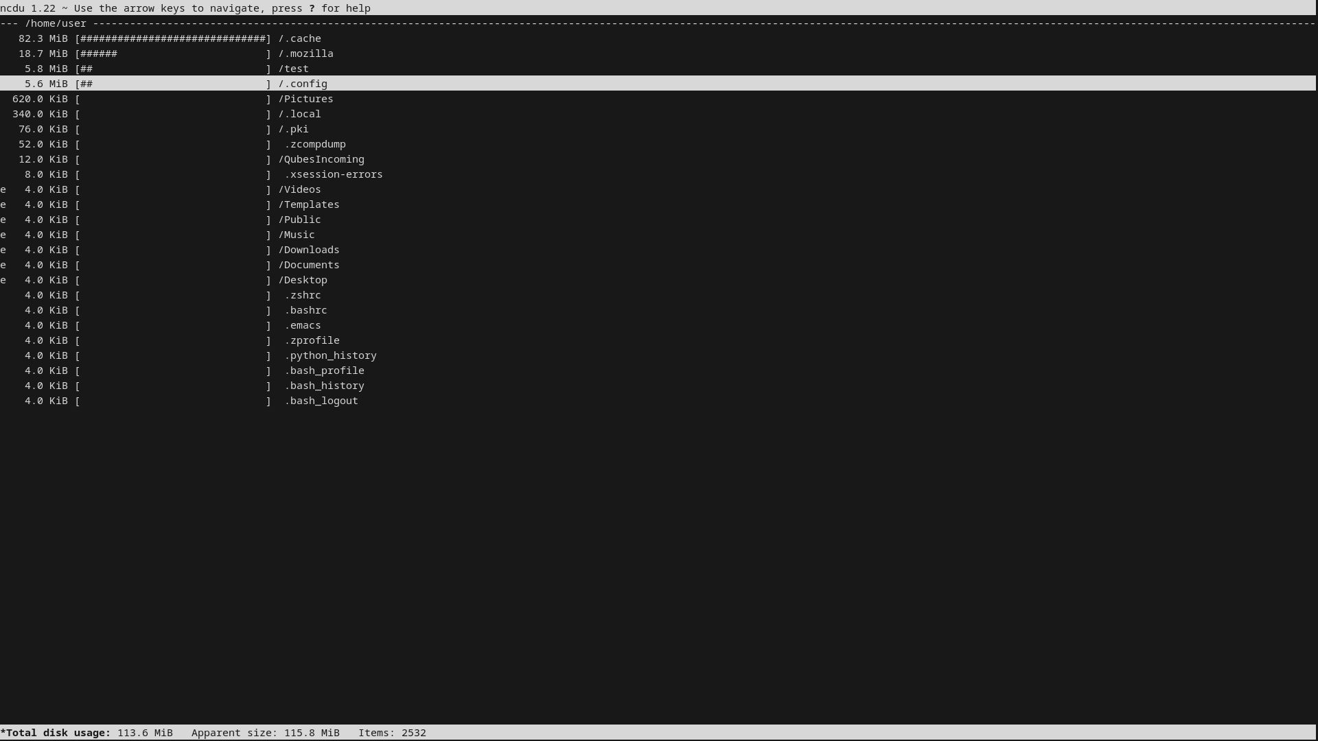 An ncdu screen is open with a directory selected.