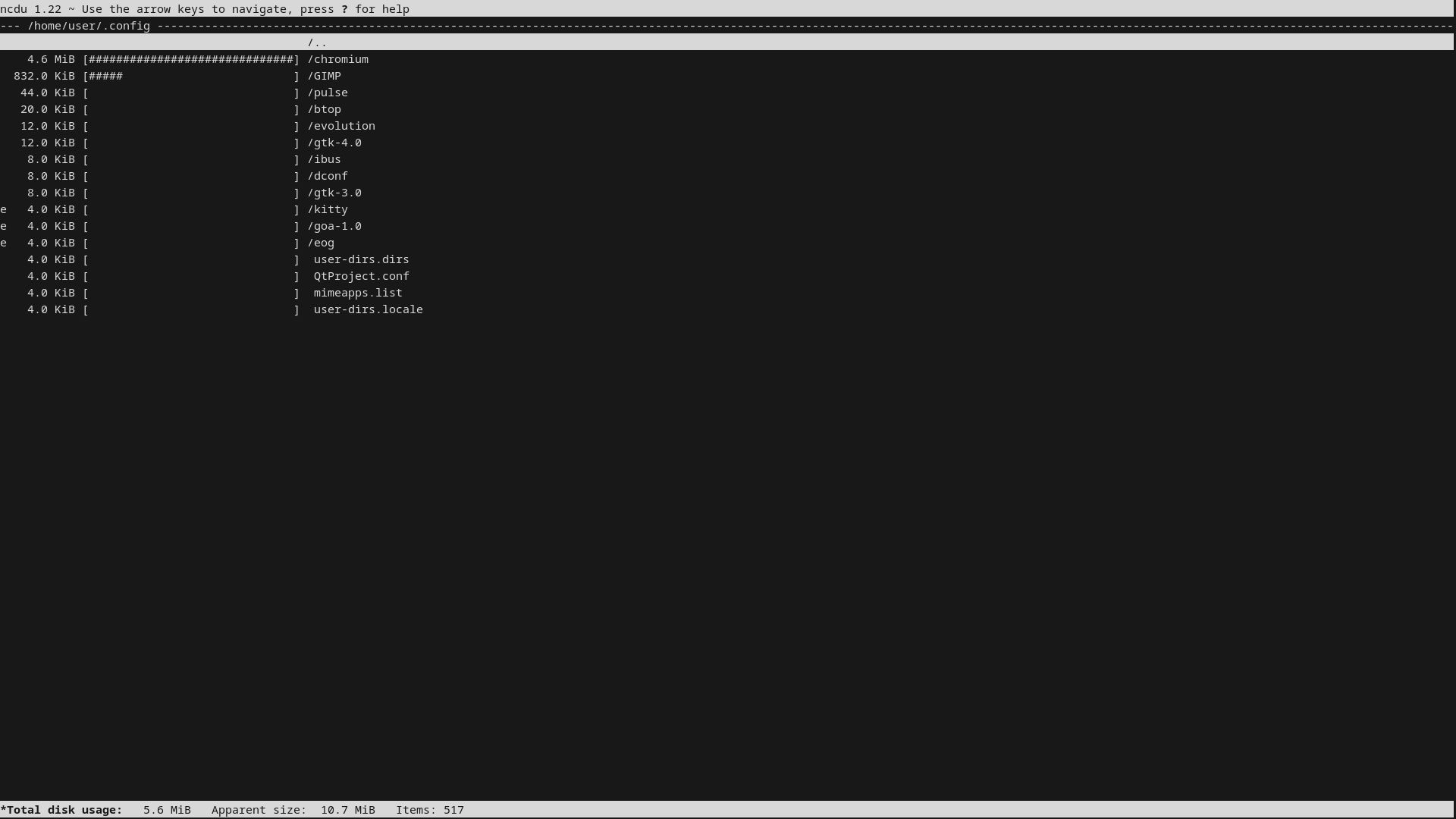 An ncdu screen open inside of a selected directory.