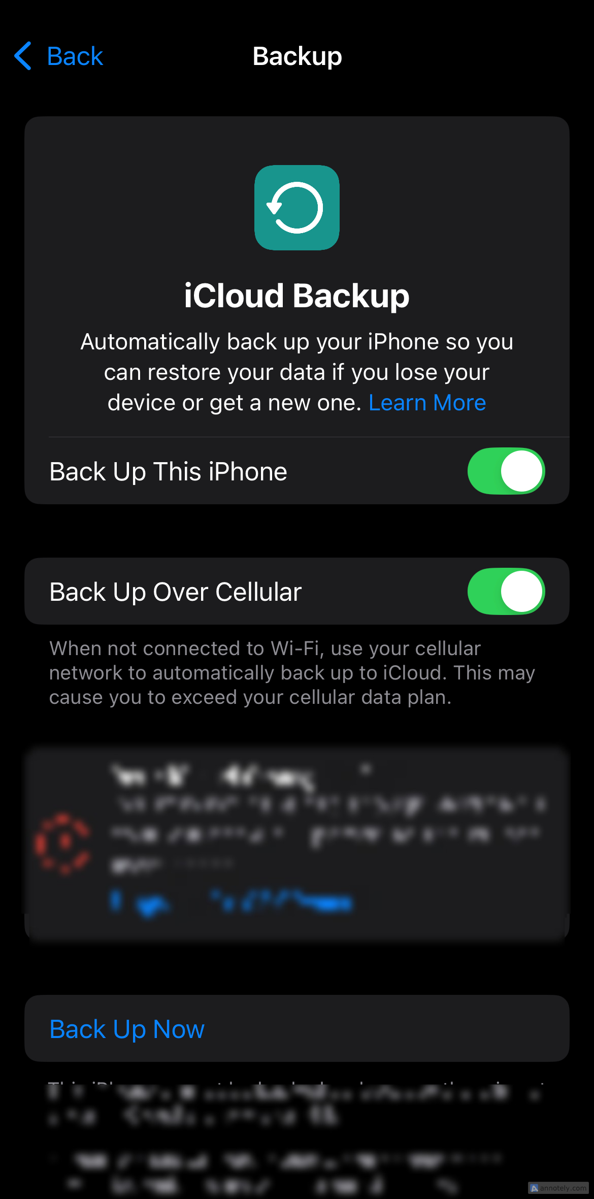 Acessando configurações de backup no iPhone.