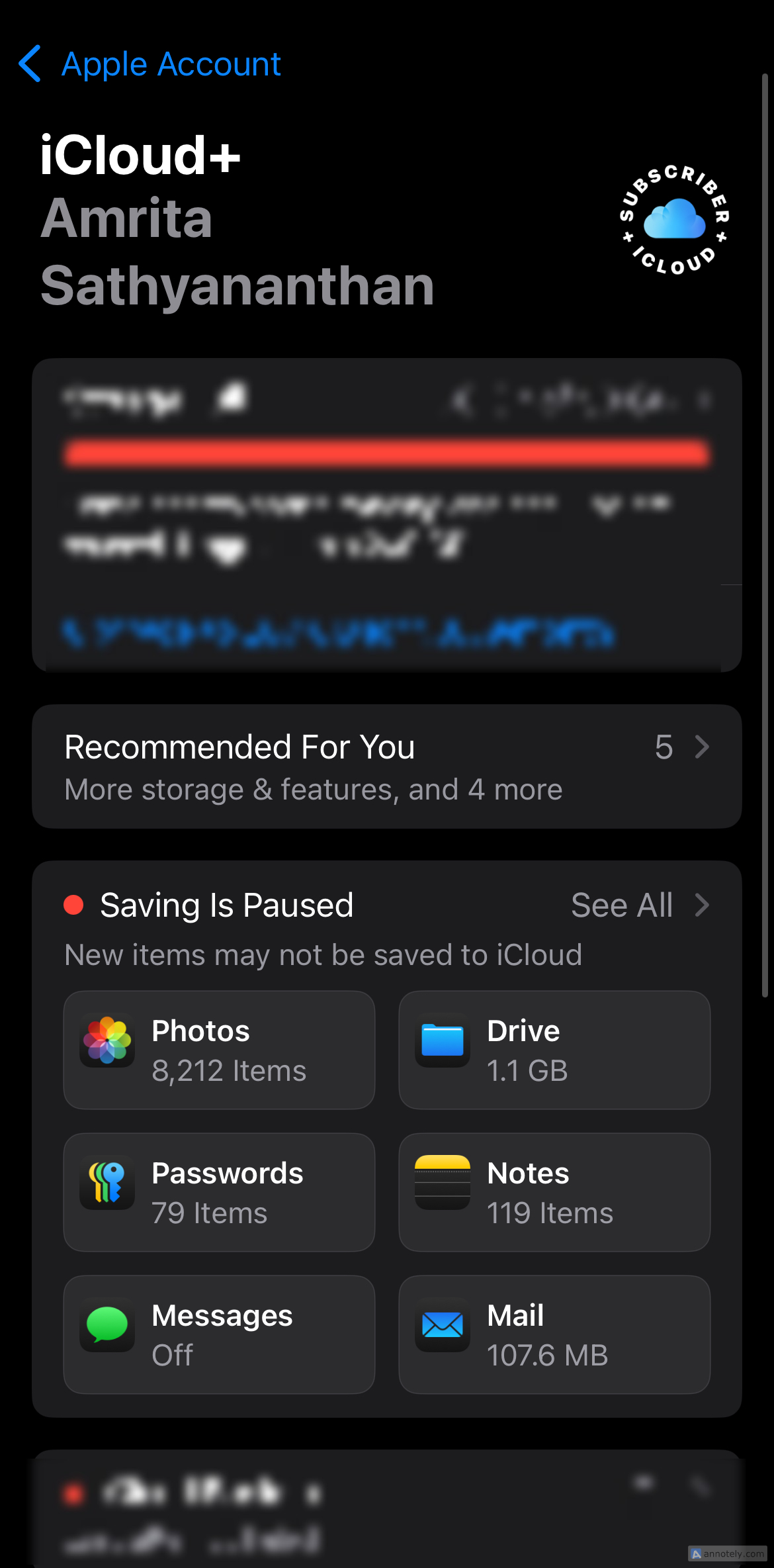 Visualizando o armazenamento do iCloud nas configurações do iPhone.