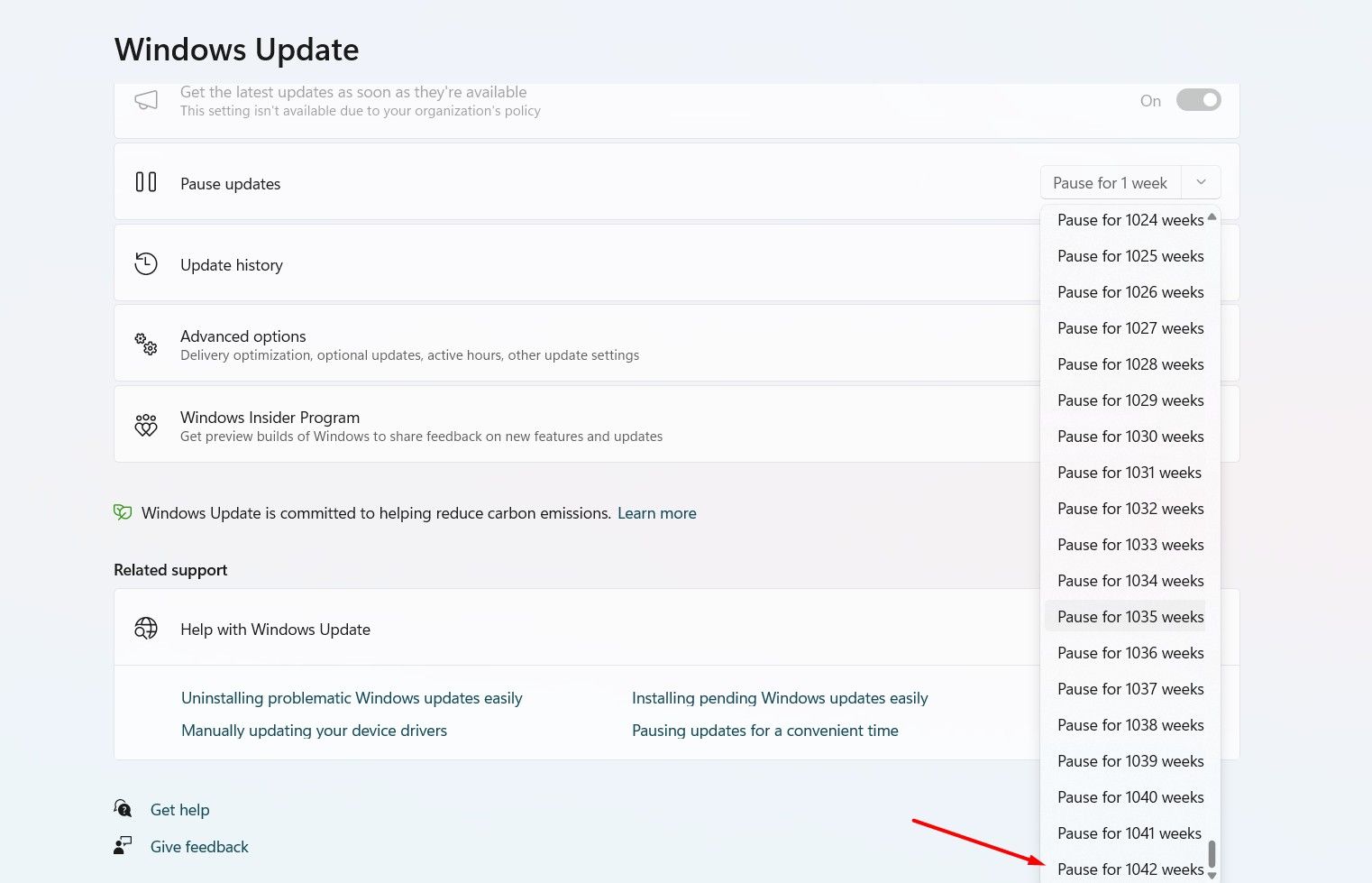 Pause of 1042 weeks option in Pause Updates drop-down menu.