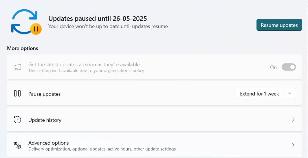 Resume Updates button in the Settings app.