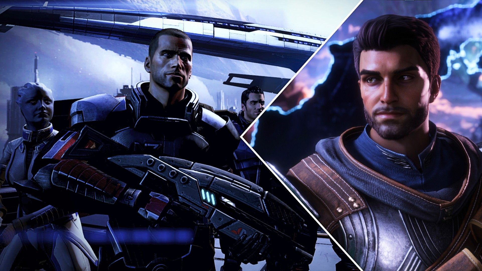 Шепард и Лиара стоят перед кораблём Normandy рядом с воином из Dragon Age: The Veilguard.