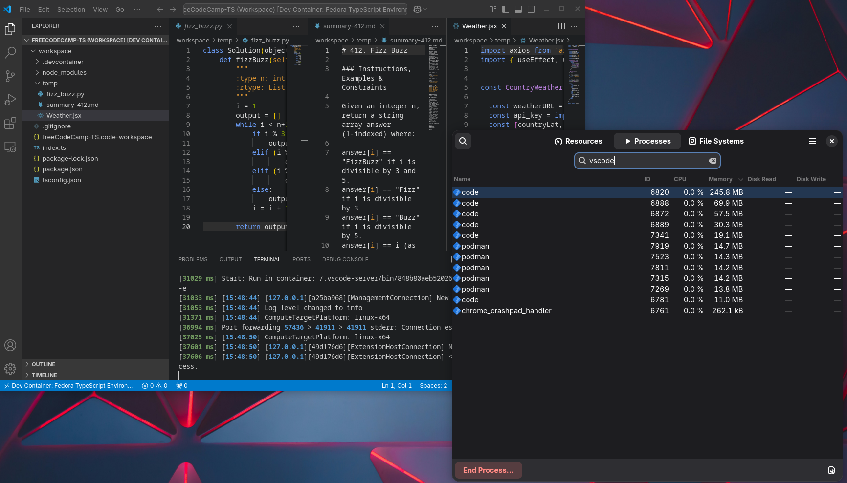 System Monitor showing VSCode memory usage