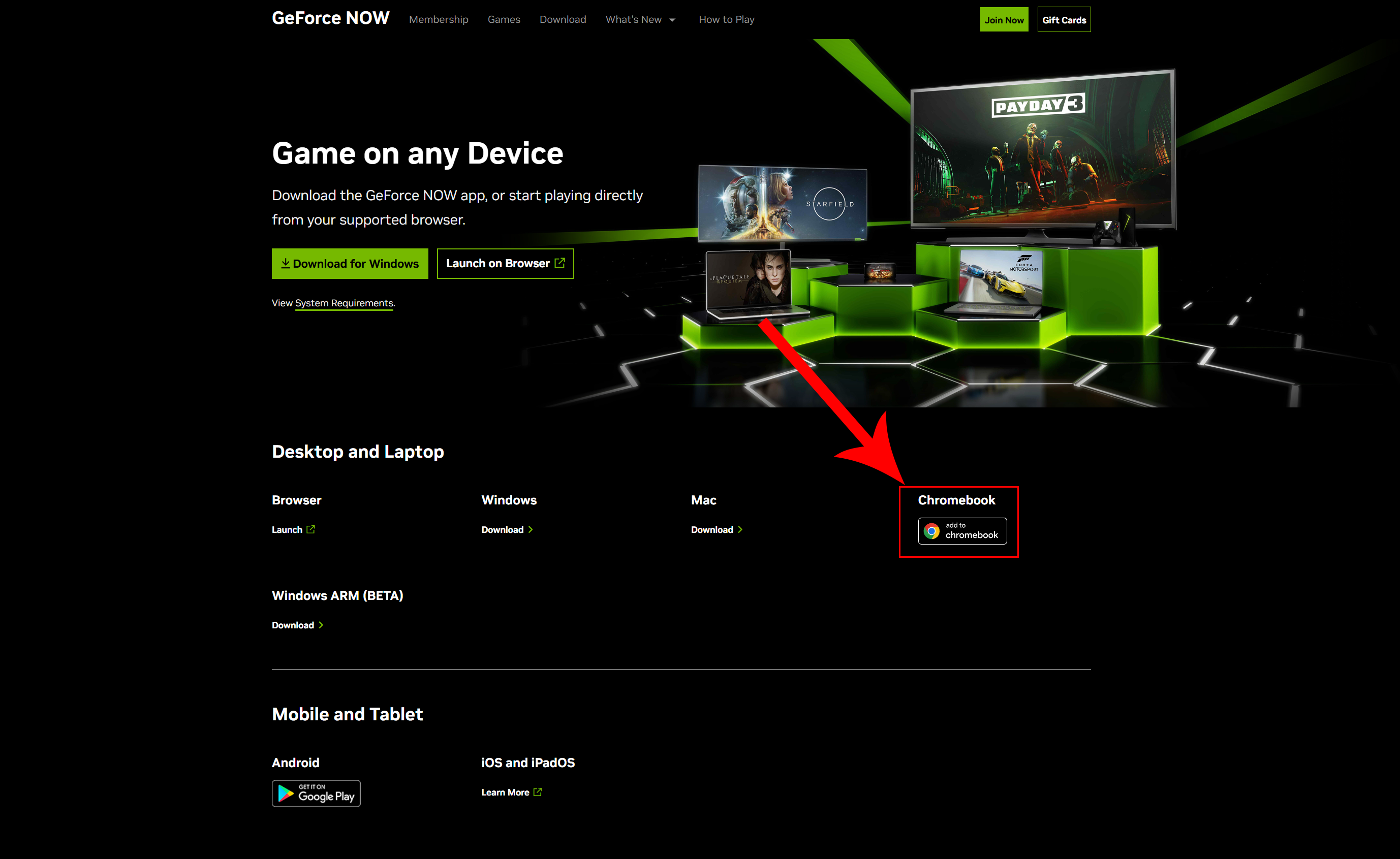 The NVIDIA GeForce NOW website with an arrow pointing to the Add to Chromebook button