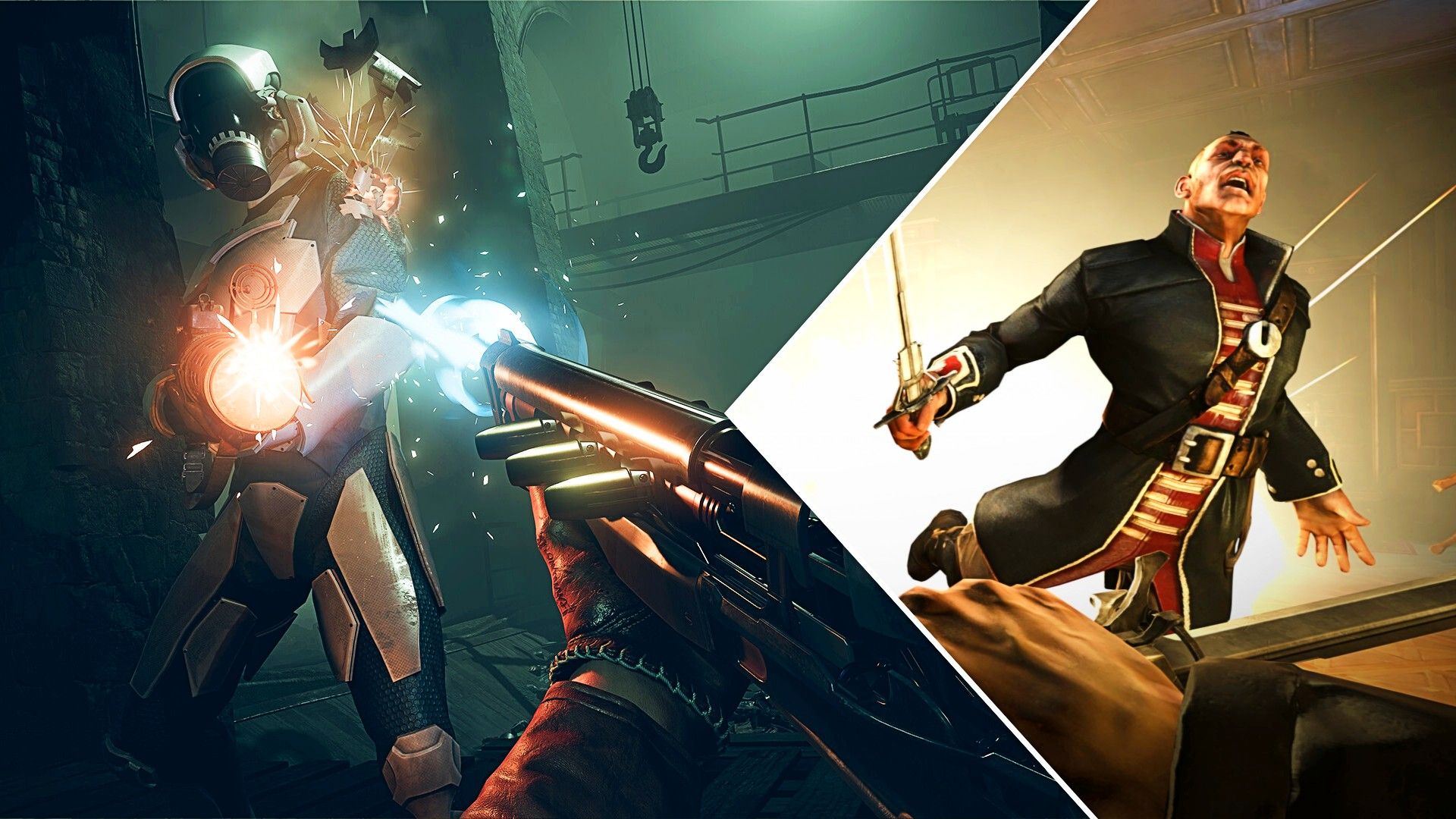 The player shooting at an enemy from Deathloop next to an enemy getting blown away in Dishonored.