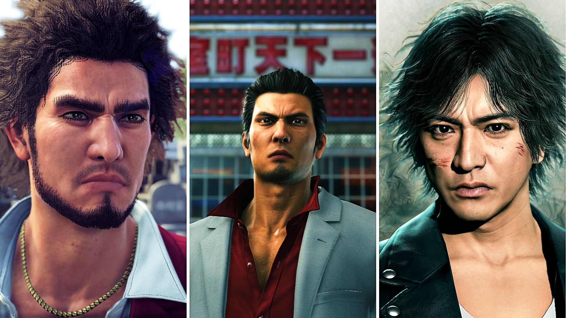 Три героя вселенной Yakuza: Ичибан Касуга из Like A Dragon слева, Казума Кирю в центре, Такаюки Ягами из Judgement справа.