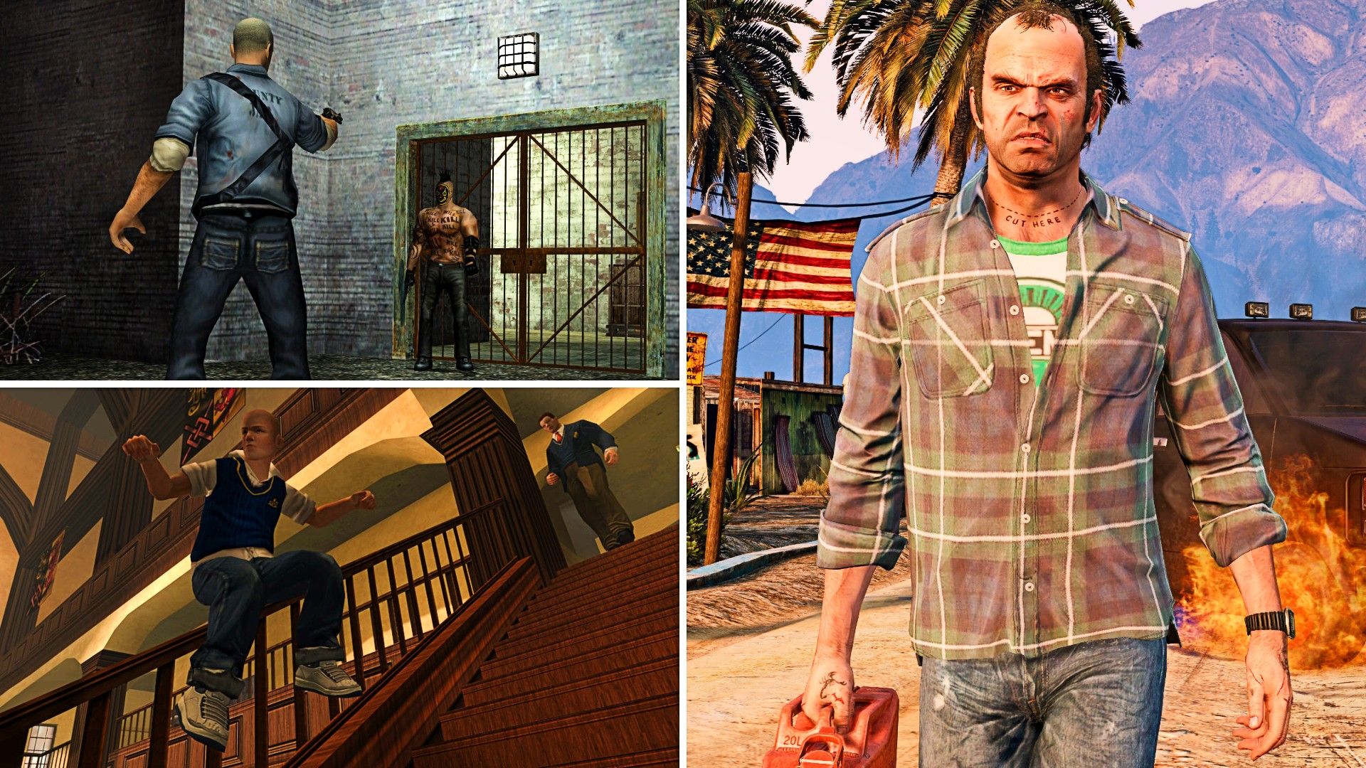 Тревор из GTA V с канистрой бензина рядом с Джимми, скользящим по поручню из Bully, под персонажем, целящимся в врага из Manhunt.