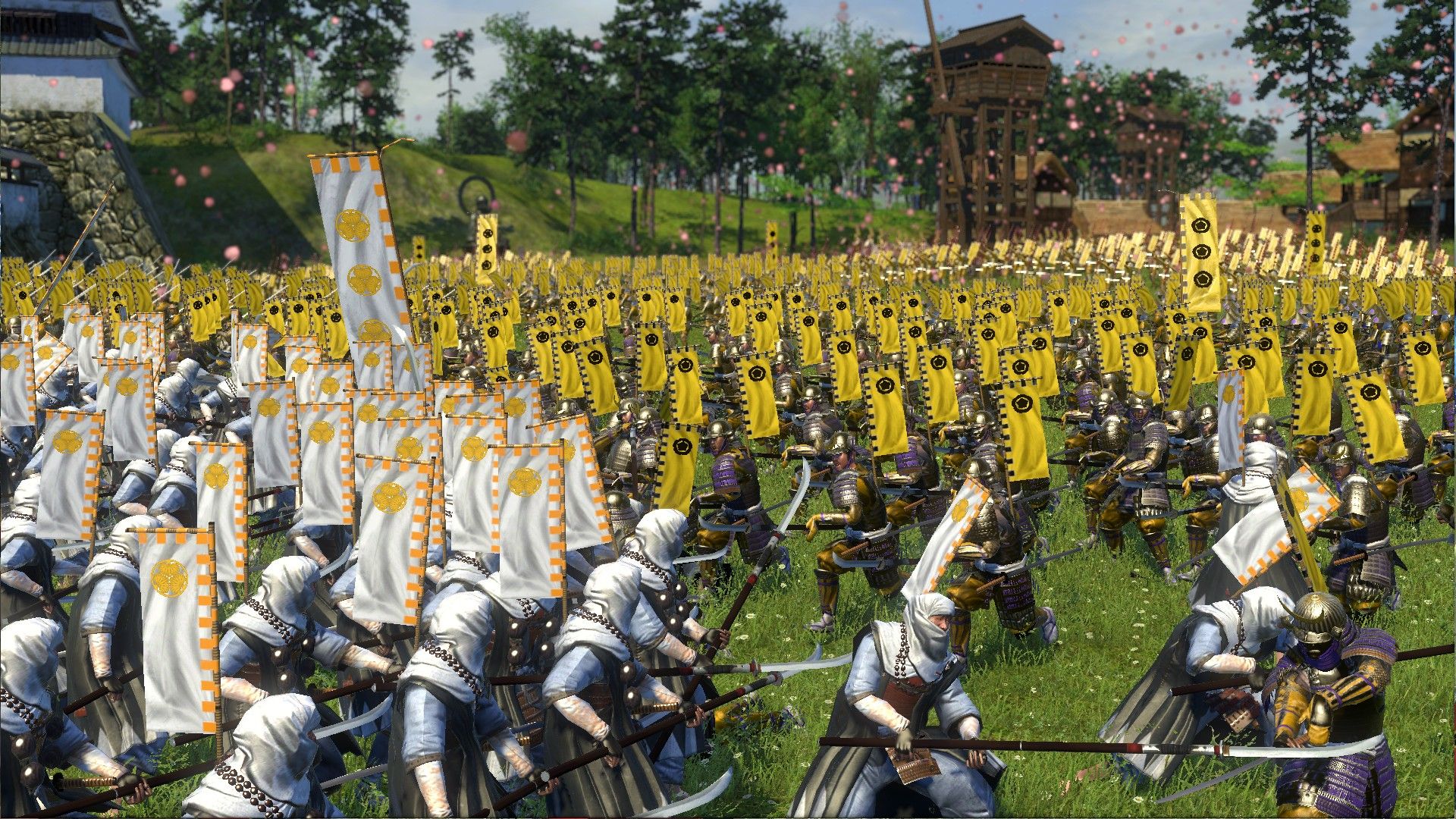 Two armies clashing with weapons in Total War Shogun 2.