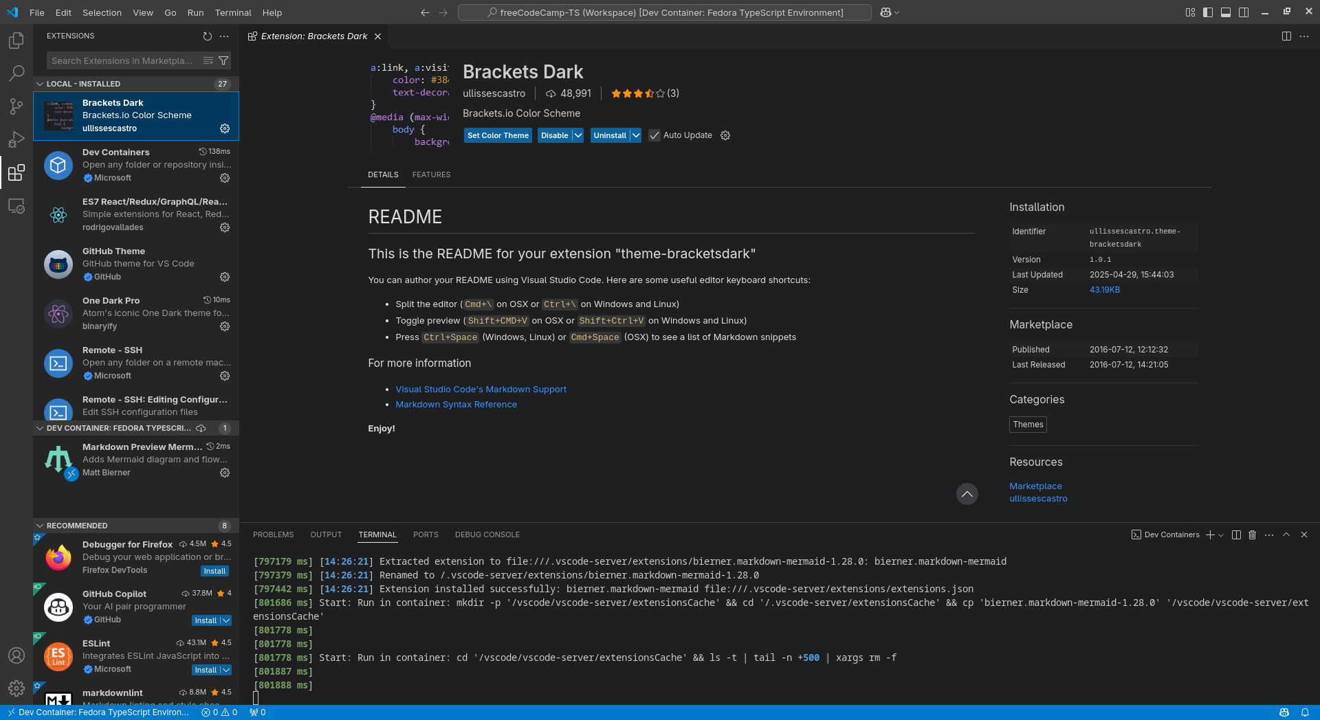 Visual Studio Code showing extensions pane and extention information page
