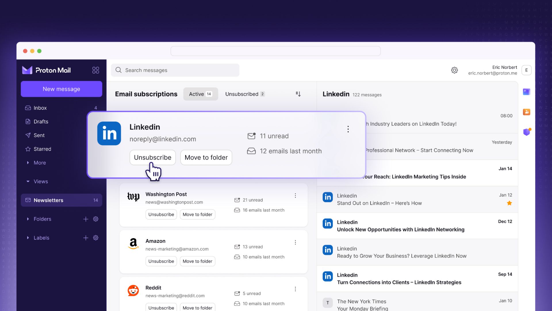 Proton Mail showing a new newsletter view