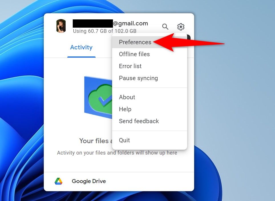 "Preferences" highlighted in Google Drive's settings menu.