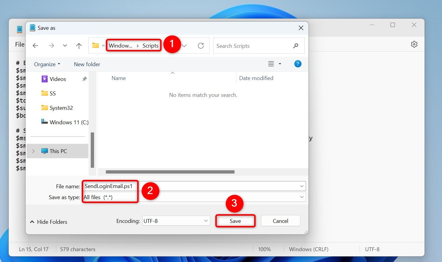 Notepad's "Save As" window for saving the login email script.