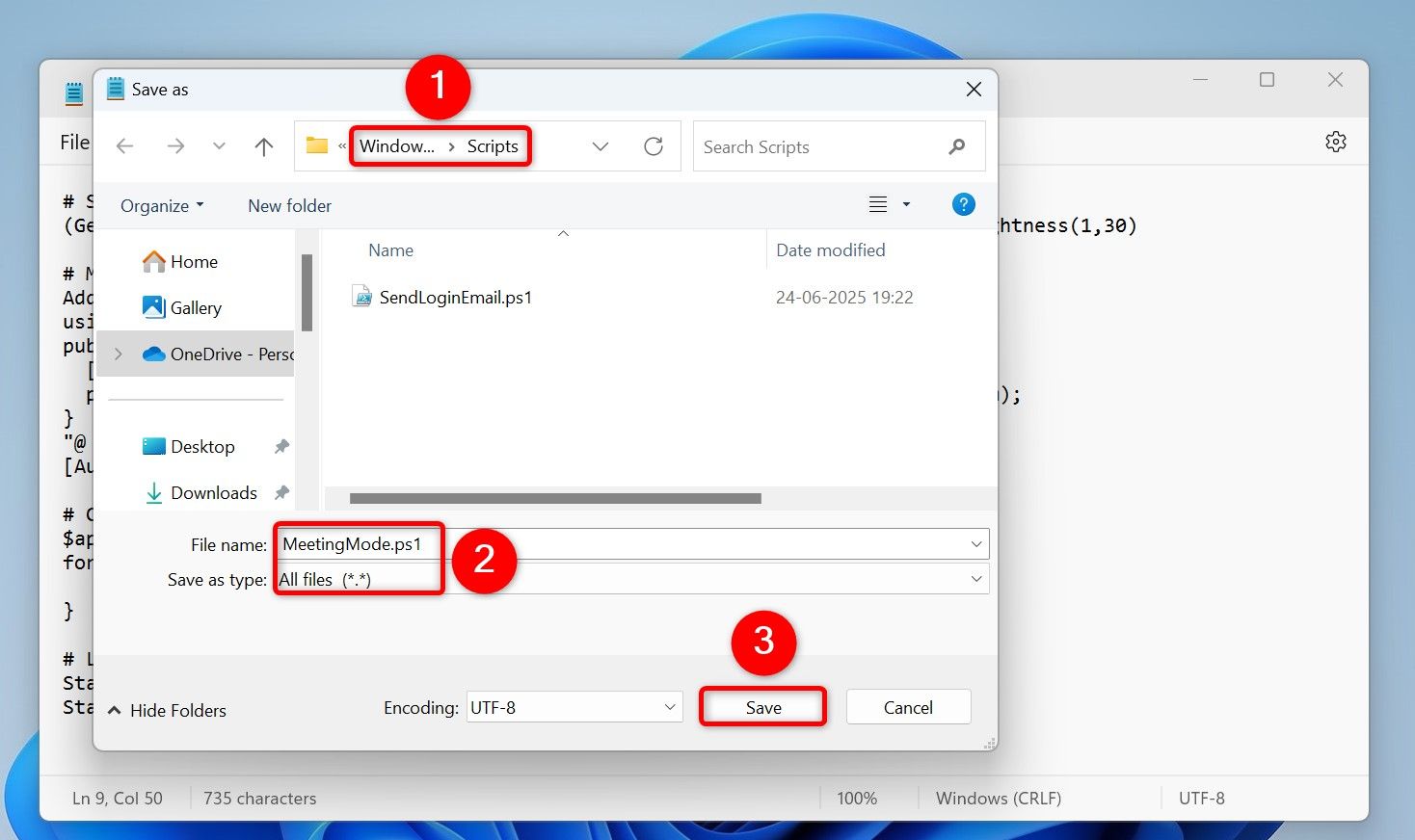 Notepad's "Save As" window to save the meeting mode script.