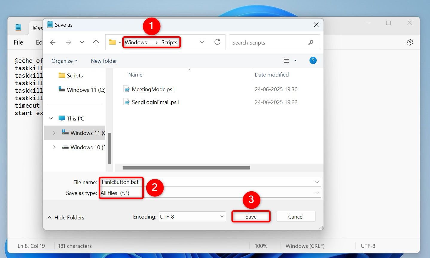Notepad's "Save As" window to save the panic button batch script.