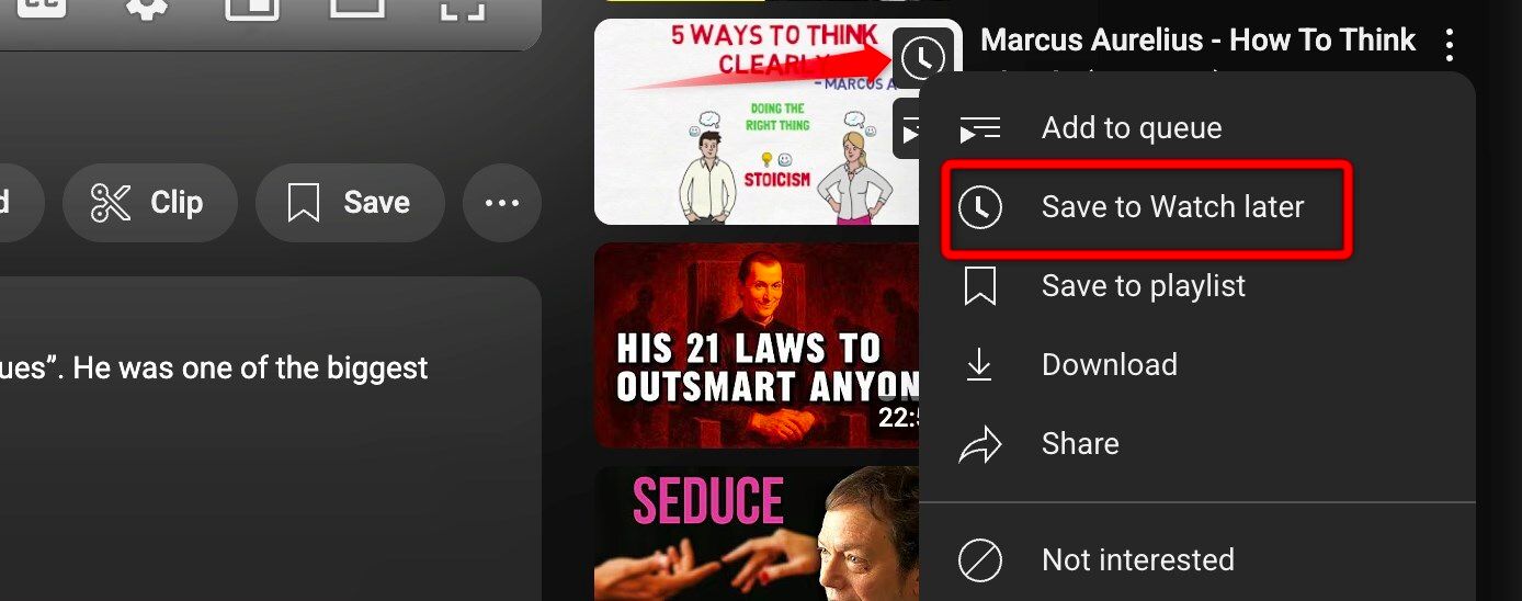 Saving a video to watch later on YouTube.