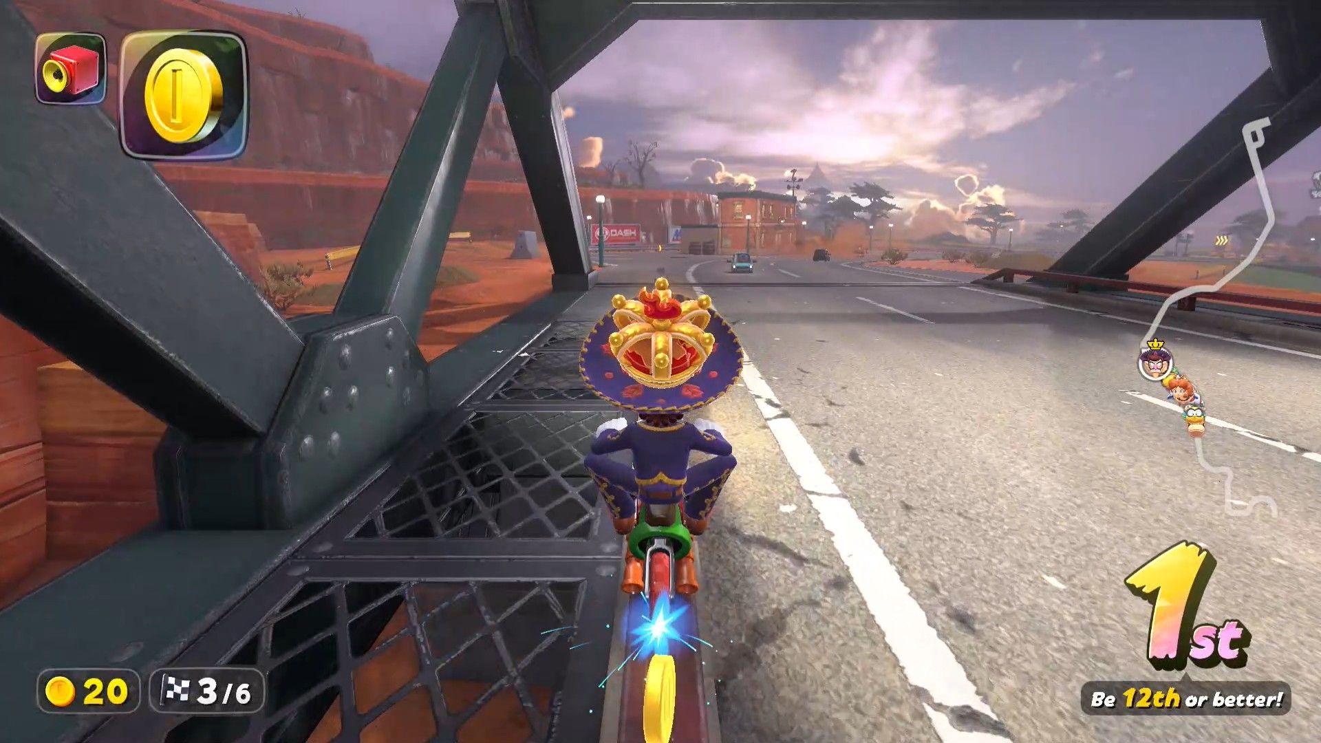 Waluigi leading a race in Mario Kart World.