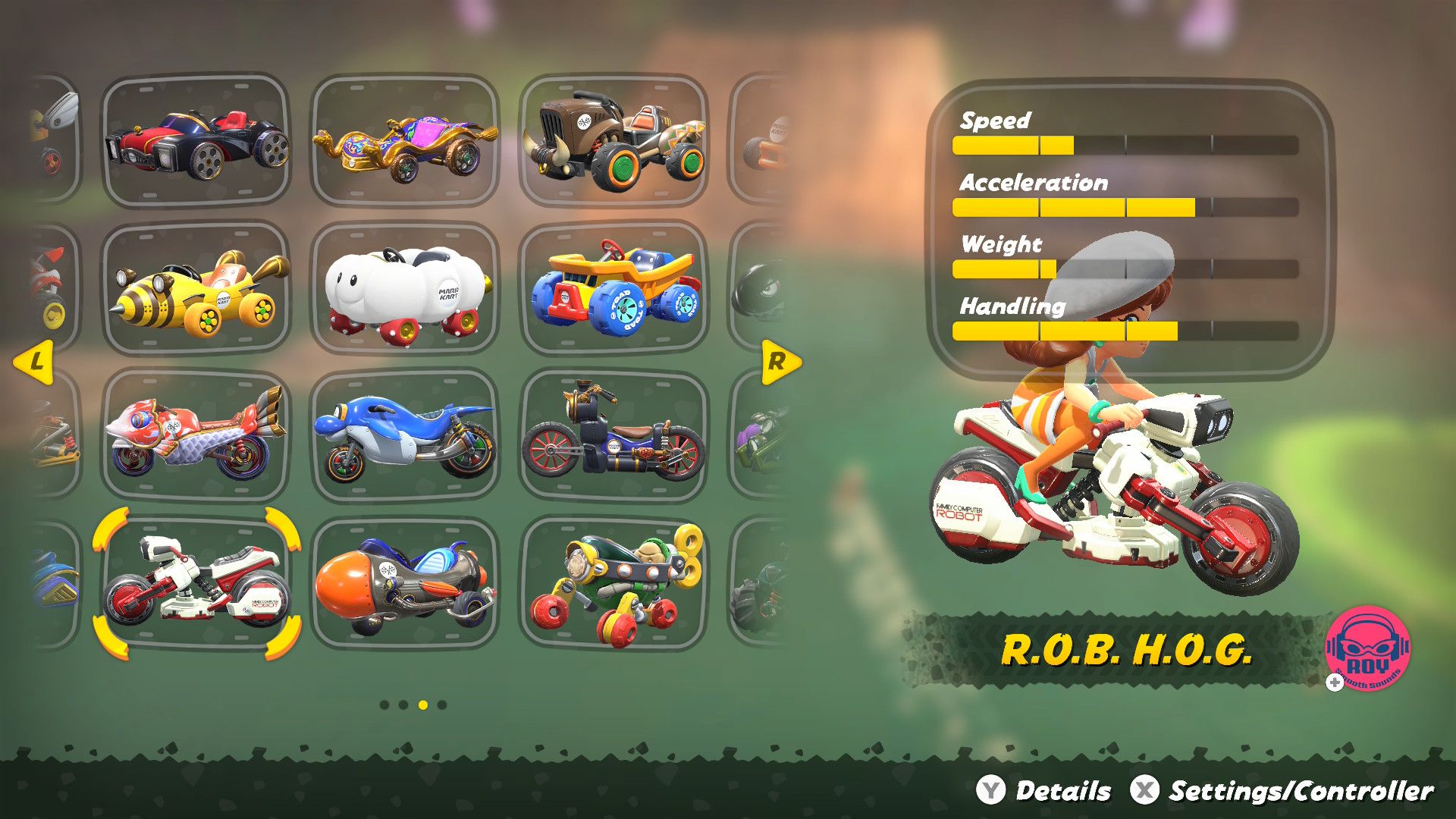 Selecting a character and a kart in Mario Kart World.