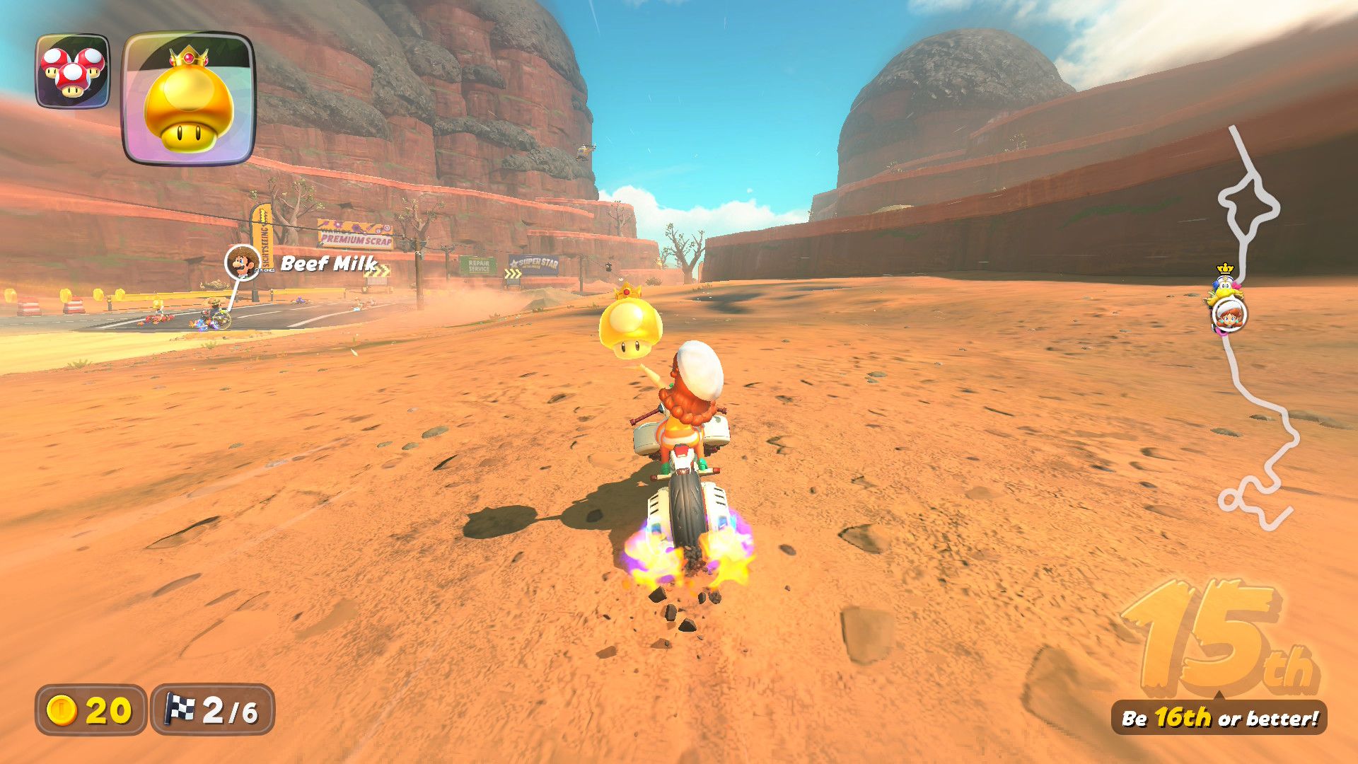 Daisy using mushrooms off the road as a shortcut in Mario Kart World.