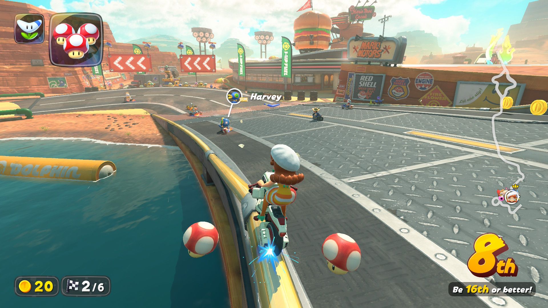 Daisy grinding on a rail in Mario Kart World.