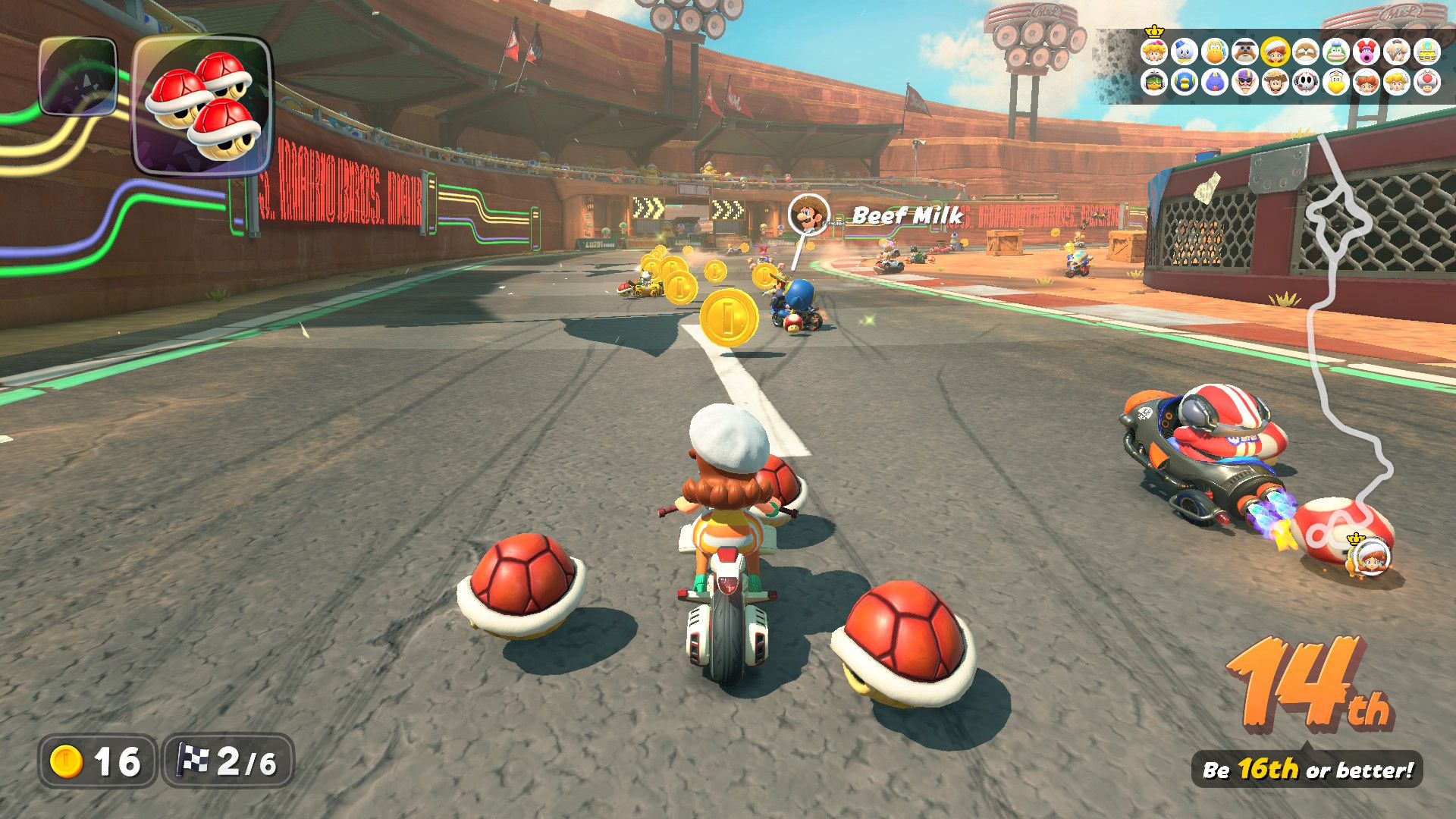 Daisy with three Red Shells in Mario Kart World.