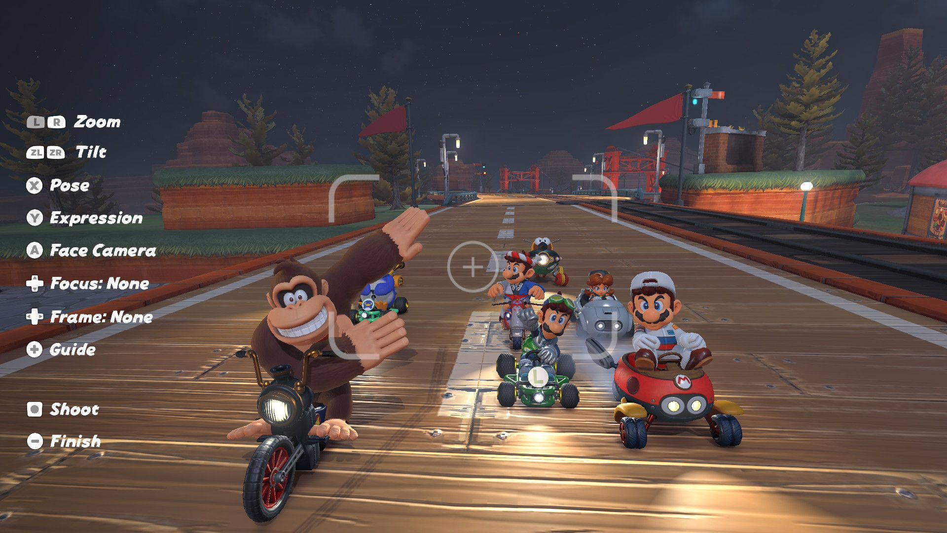 Donkey Kong posing with others online in Mario Kart World.