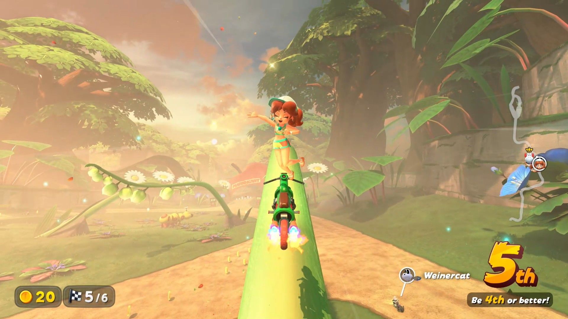 Daisy riding on a plant in Mario Kart World.