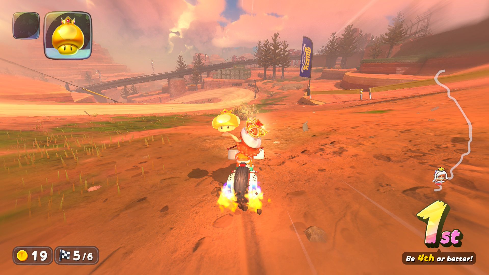 Daisy using a Golden Dash Mushroom in Mario Kart World.